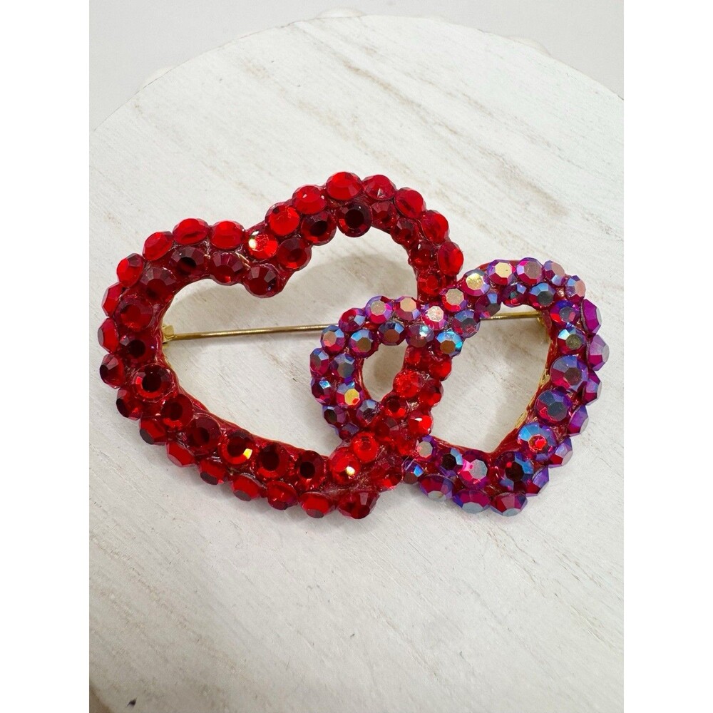 Valentines Day Double Heart Brooch Pin Pink Purple Large Rhinestones Open Hearts